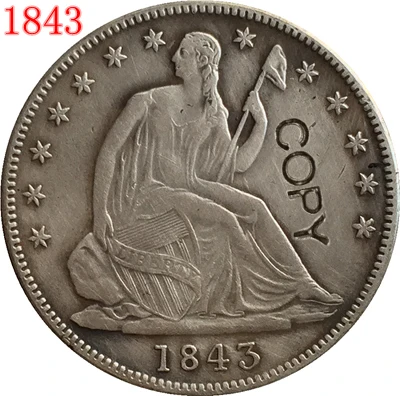 США(1839-1853) сидя LIBERTY половина копия доллара монеты - Цвет: 1843