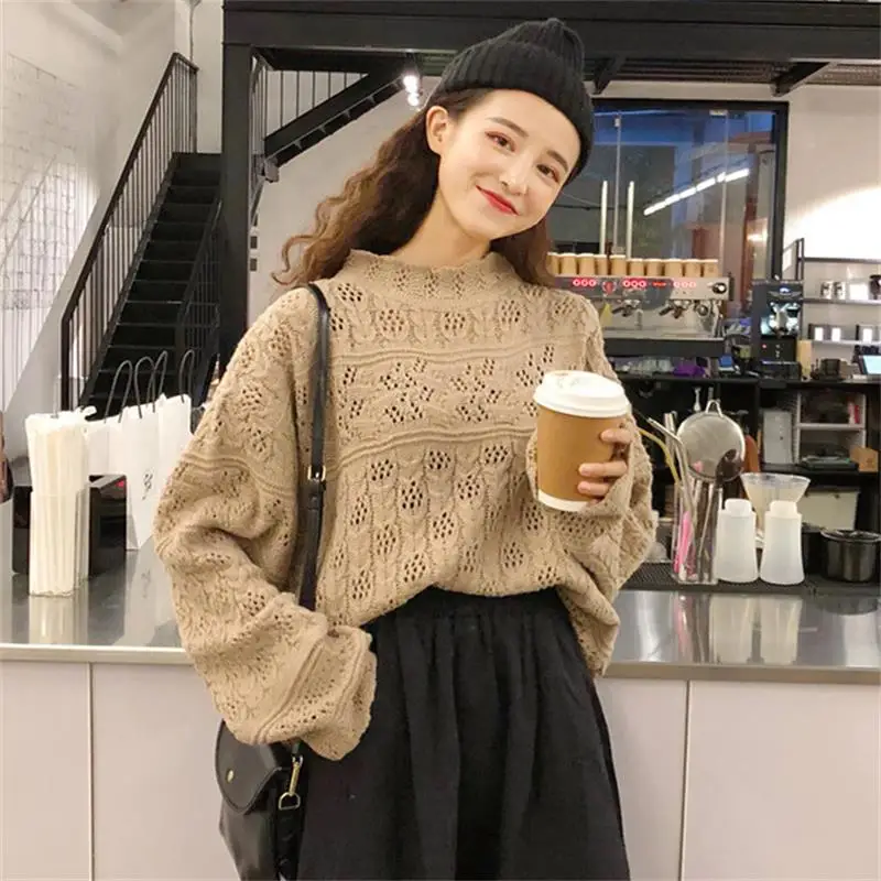 Vintage Openwork Long Sleeve Sweater Female Korean Harajuku Women's Sweaters Japanese Kawaii Ulzzang Japan Clothing For Women | Женская