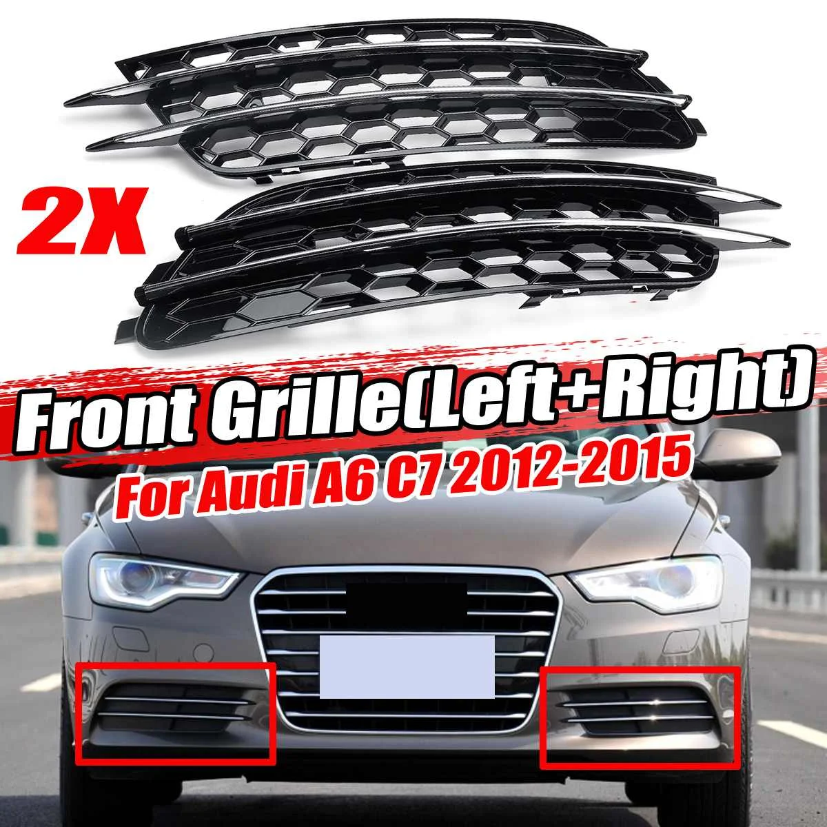A Pair Chrome/black Rs6 Style Car Front Fog Light Grille Cover Trim For
