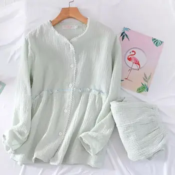 

V-Neck Pajama Sets For Women Long Sleeve Cotton Crepe Pyjamas Ladies Spring Autumn Sleepwear Home Clothes Nightwear Two Piece