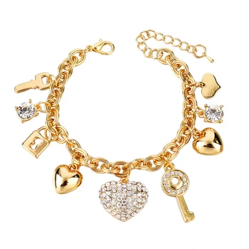 

Heart Chamrs Bracelets Bangles Vintage Crystal Bracelet For Women Punk Jewelry Gold Extend Chain Key Lock Pulseras Woman SL20028