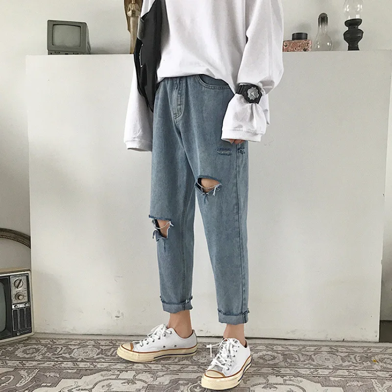 

Online Celebrity INS Super Fire Pants Men's Korean-style Trend with Holes Jeans Popular Brand Loose Autumn Skinny Capri Pants