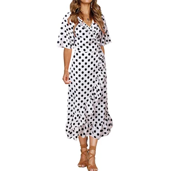 

Bikitique Vintage Polka Dot V-Neck Ruffle Short Sleeve High Waist Sexy Dress Women Casual Slim Wrap Hip Party Dress Vestidos
