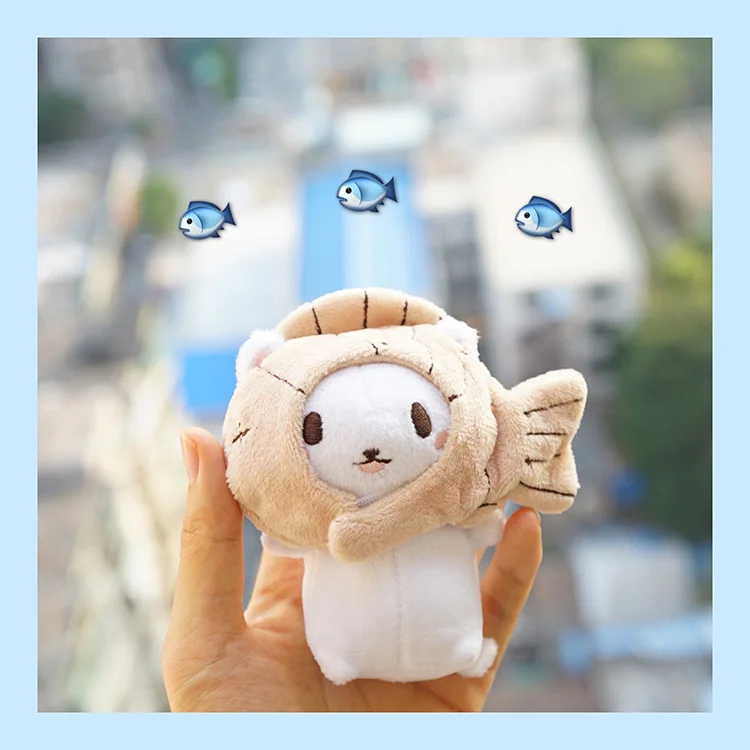 

1Pc Lovely plush toy cartoon cat kitten with fish cap soft stuffed doll keychain Keyring Bags Pendant