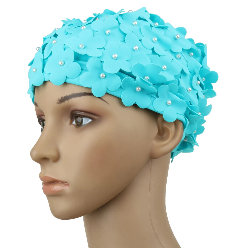 Large Floral Petals Swimming Hat Bathing Cap Long Hair Protection Lake blue