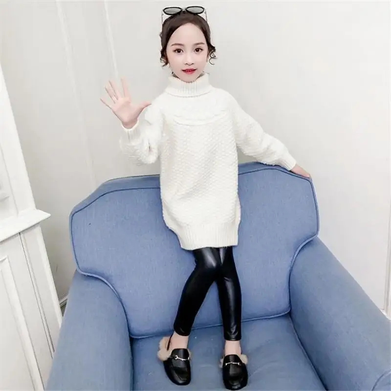 Осенне-зимнее детское теплое вязаное платье-свитер с высоким воротником для маленьких девочек, платье принцессы для девочек-подростков, K192