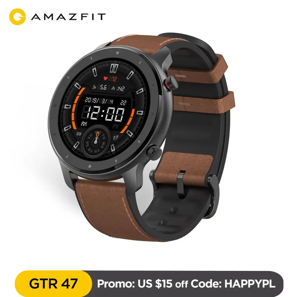  Глобальная версия Amazfit GTR 47 мм Смарт часы 5ATM водонепроницаемые умные часы 24 дня батарея GPS управление музыкой кожаный силиконовый ремеш…