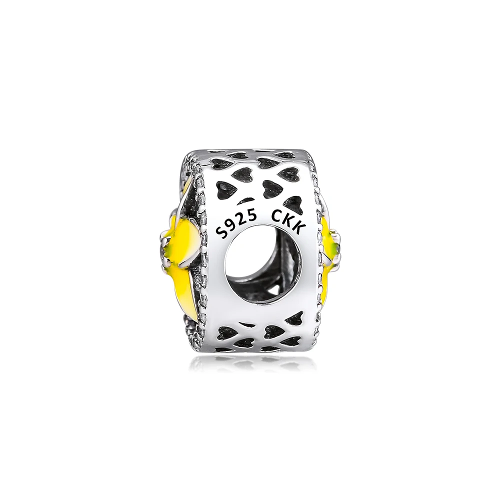 DIY подходит для браслетов Pandora Charms Цветочные бусины с бледно-желтой эмалью и CZ 925 пробы-серебро-ювелирные изделия