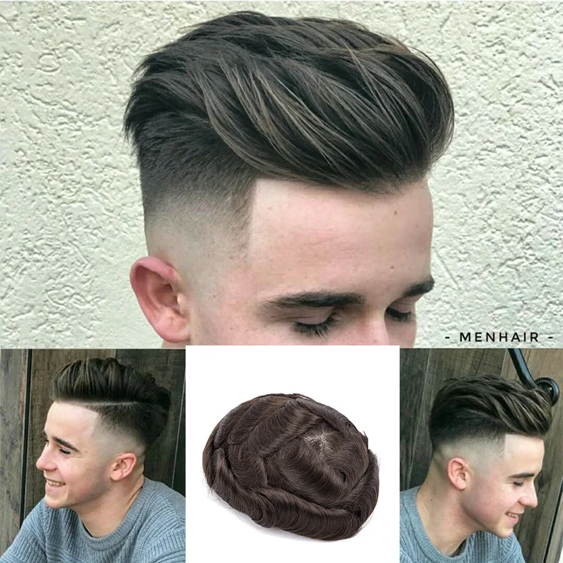 PROD 4000424108262 BYMC 100% Remy Human Hair Mens Toupee Mono Toupee
Natural Hairline Lace With PU Clips Replacement System Toupees Men Hair
Wigs
