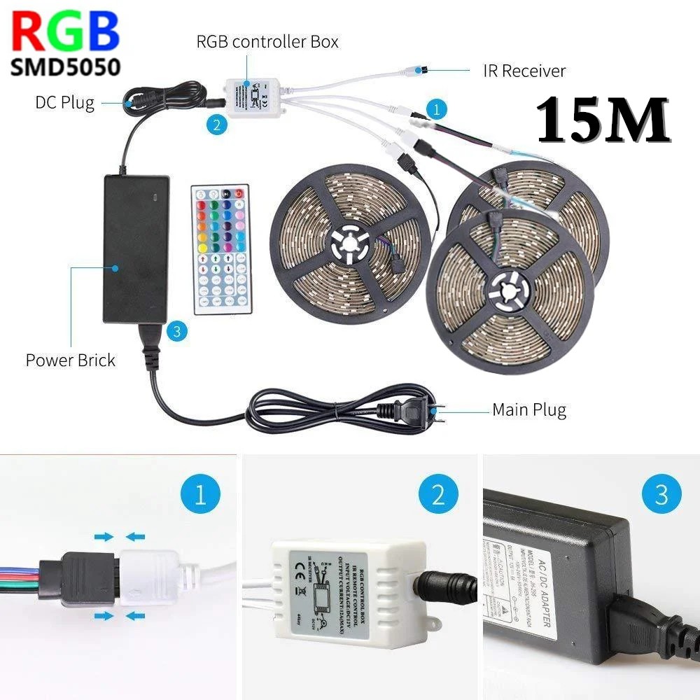 Светодиодный светильник 12 В RGB SMD 5050 светодиодный водонепроницаемый диод лента 44 кнопки управления неоновая лента 5 м 10 м 15 м вечерние ленты для украшения комнаты светильник