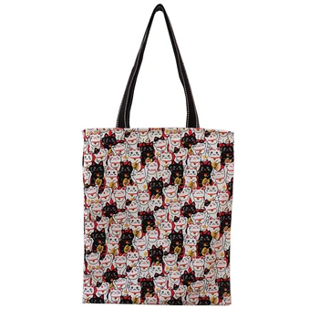 

Women Maneki Neko Cat Canvas Handbag Students Shopping Book Bag Female Shoulder Tote Bags Girls Casual Hand Bag