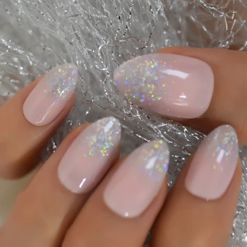 

Bling Shimmer Holo Glitter Light Pink French Stiletto Almond False Nails Tip Manicure Artificial Salon Medium Fake Nail