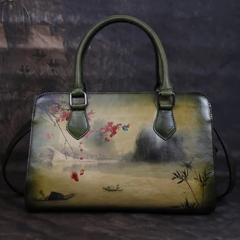 

Genuine Leather Handbag Women Tote Bag Chinese Style Ink Landscape Painting Vintage Briefcase Female Shoulder Crossbody Bags