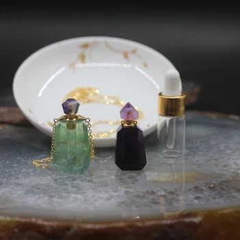 

Natural Fluorite/Amethysts Perfume Bottle Pendants,Plated Gold Gem Stone Essential Oil Diffuser Chakra Necklace Charms Jewelry