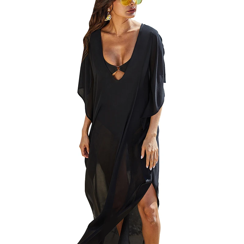 Riseado V-neck Beach Dress Short-sleeved Tunic Cover Up Black Swimwear Women Mesh Beach Cover Up Brazilian Beachwear 2020 Summer