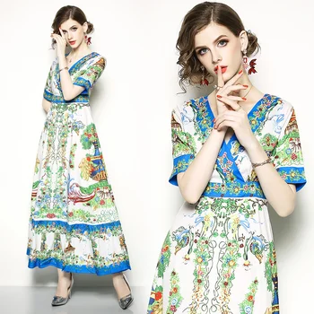 

womens ladies Designer beach party Swing dress spring autumn Vintage print Floral Short sleeves runway maxi Slim Casual dresses