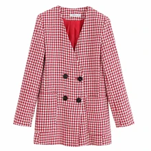 Женская винтажная красная клетчатая твидовая ткань с принтом шерстяное пальто Женская Осенняя двубортная куртка с v-образным вырезом Верхняя одежда Пальто шикарные топы CT266