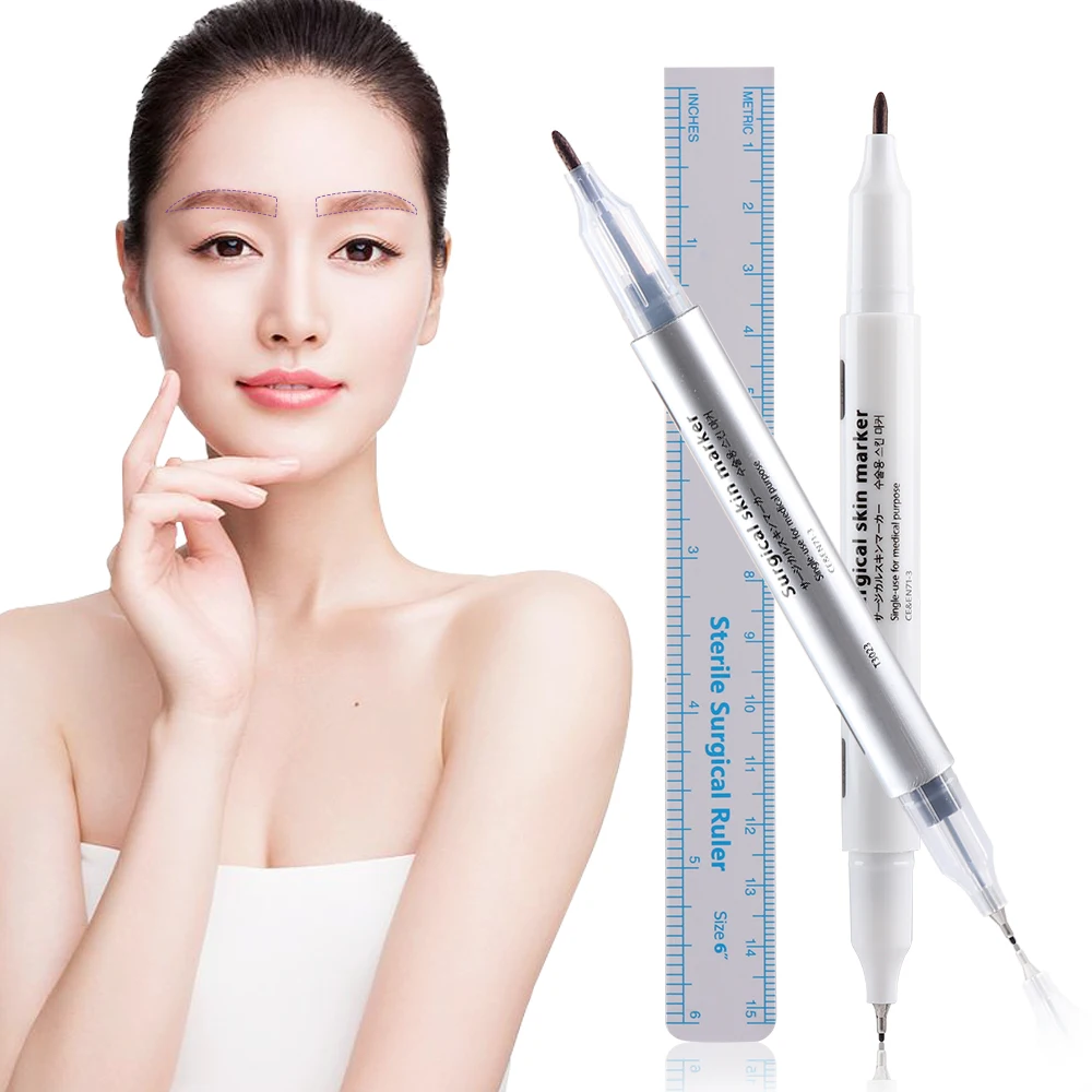 

1pc Surgical Tattoo Skin Marker Pen Double Ended Fine/Thick Tip Eyebrow Pen With Measuring Ruler Microblading Positioning Tool