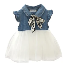 Летнее модное милое платье для девочек; джинсовое Сетчатое детское платье; детское украшение для шарфа в Корейском стиле