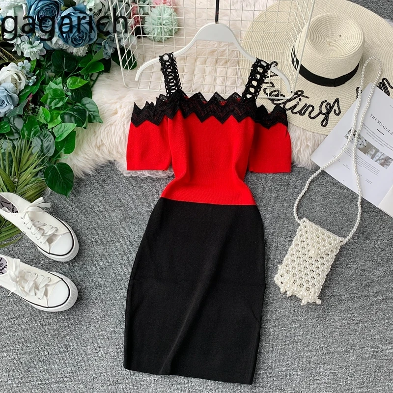 

Gagarich Women Sexy Vestidos 2020 Summer Lace Patchwork Slip Slash Neck Hit Color Slim Knitted Dress Female Elegant Chic Dresses