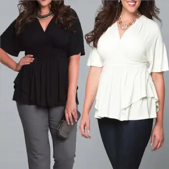 

summer women blouses large size shirt v-neck ladies casual solid short-sleeved shirt women plus size womens