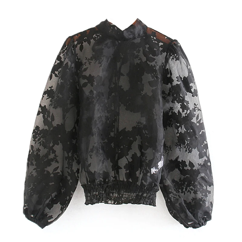 

RR Embroidery Perspective Organza Tshirts Women Fashion Bow Collar Tops Women Elegant Puff Sleeve Tees Female Ladies KR
