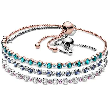 

Rose Blue Pink & Clear Sparkle Slider Clasp Chain Adjust Bracelet Fit Europe Bangle 925 Sterling Silver Bead Charm DIY Jewelry