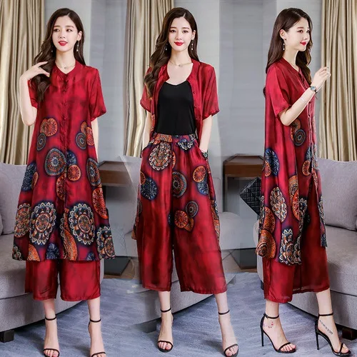 

2019 Summer Ethnic-Style Joint Printed Loose-Fit Frog Loose Pants Two-Piece Set