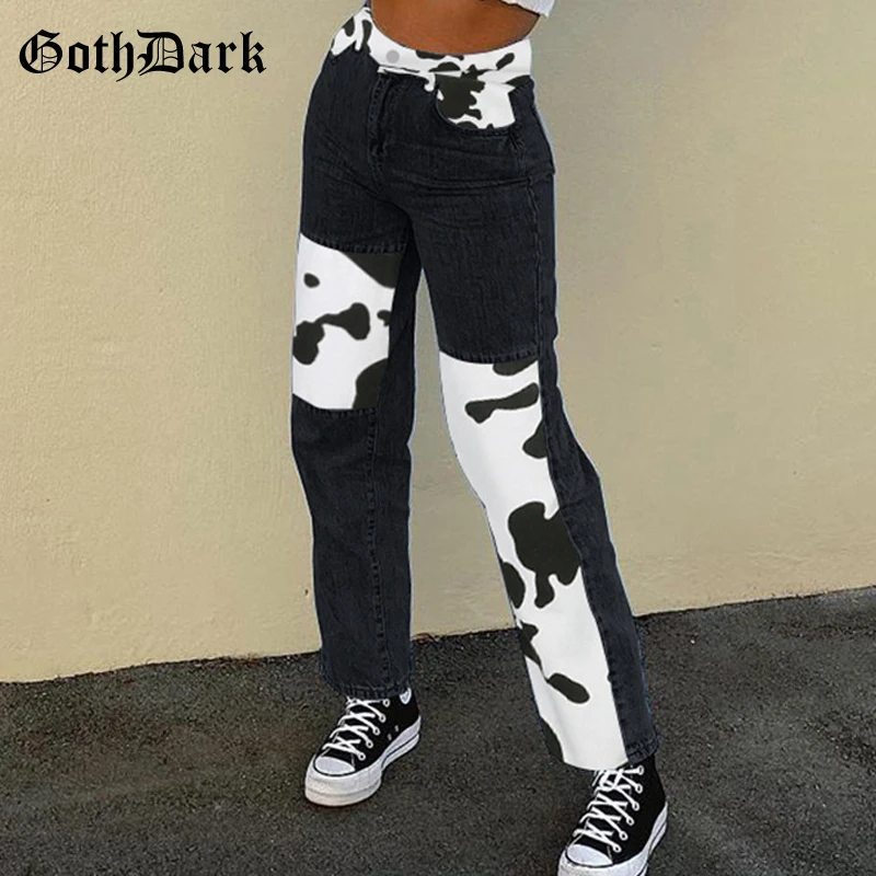 Pants Women Trousers Gothic Jeans Wide-Leg Streetwear Dark-Cow-Printing E-Girl-Style
