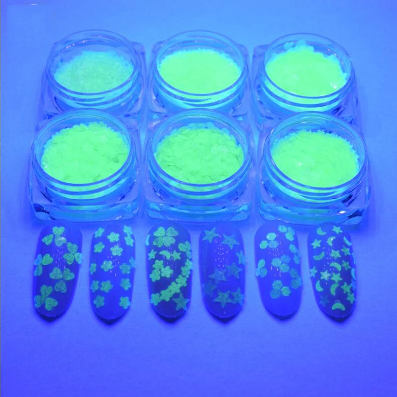 

6Pot/Set Nail Glitter Sequins Luminous Glow in the Dark Heart/Moon/Flower Designs Flake Fluorescent Tips Manicure Flakes PT18