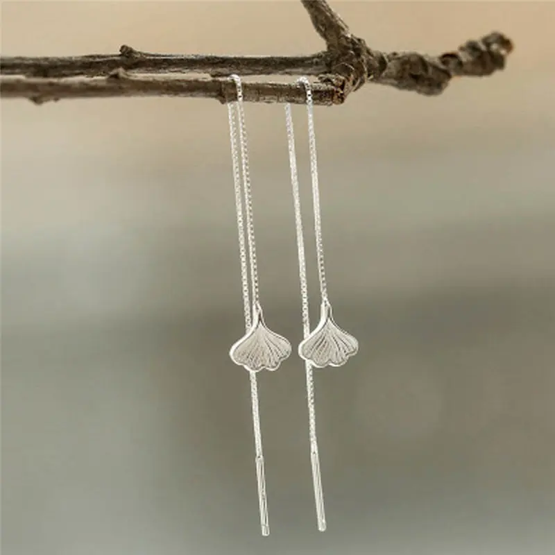 Creative Sweet Ginkgo Tree Leaf Shape Silver Color Earrings For Women Ear Line Long Earings | Украшения и аксессуары
