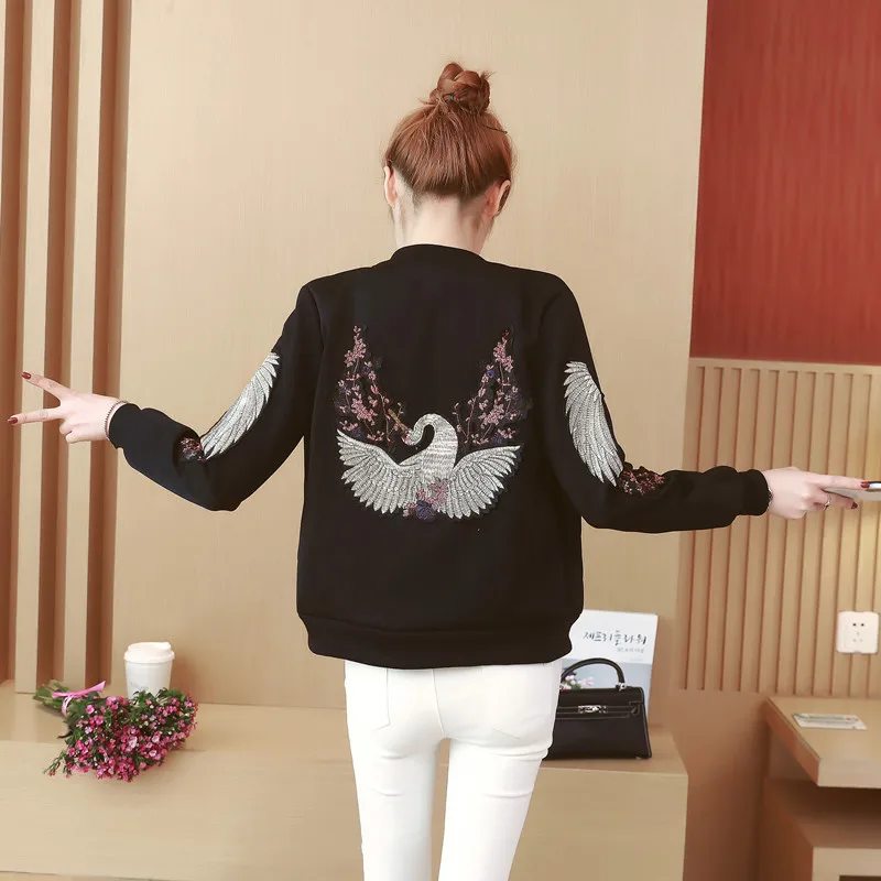 

Korean-style Embroidered Baseball Uniform Versatile Short Jacket Female Black Long Sleeve Jacket