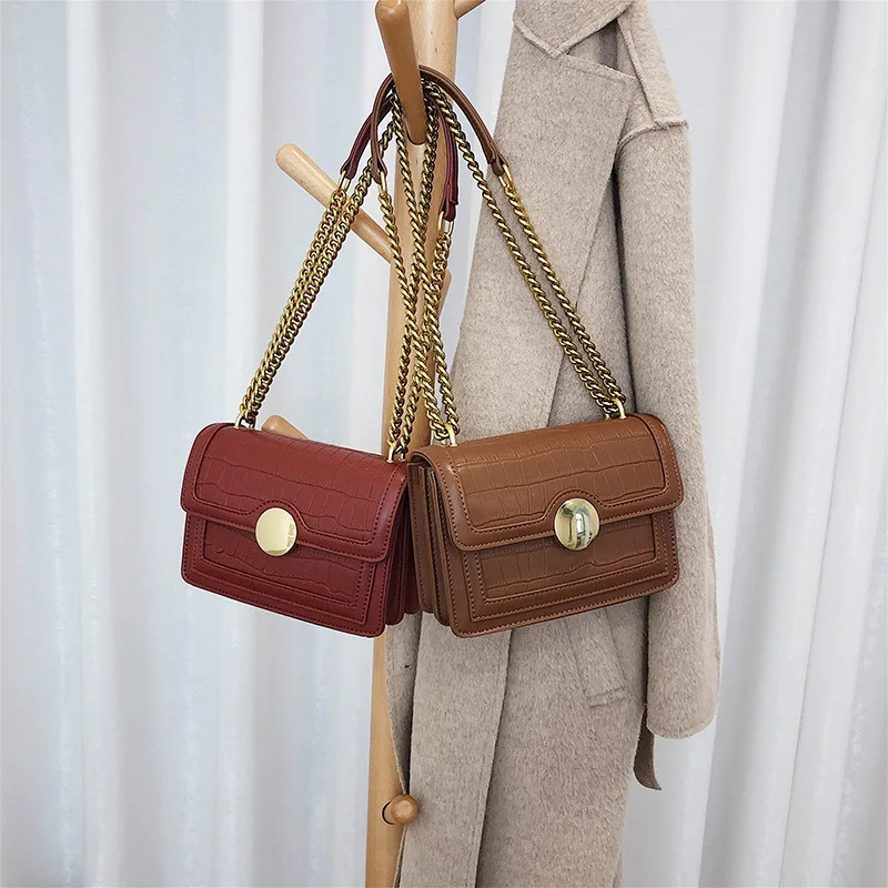 

2019 Winter New Style WOMEN'S Bag Crocodile Pattern Fashion Small Square Bag Solid Color Versitile Shoulder