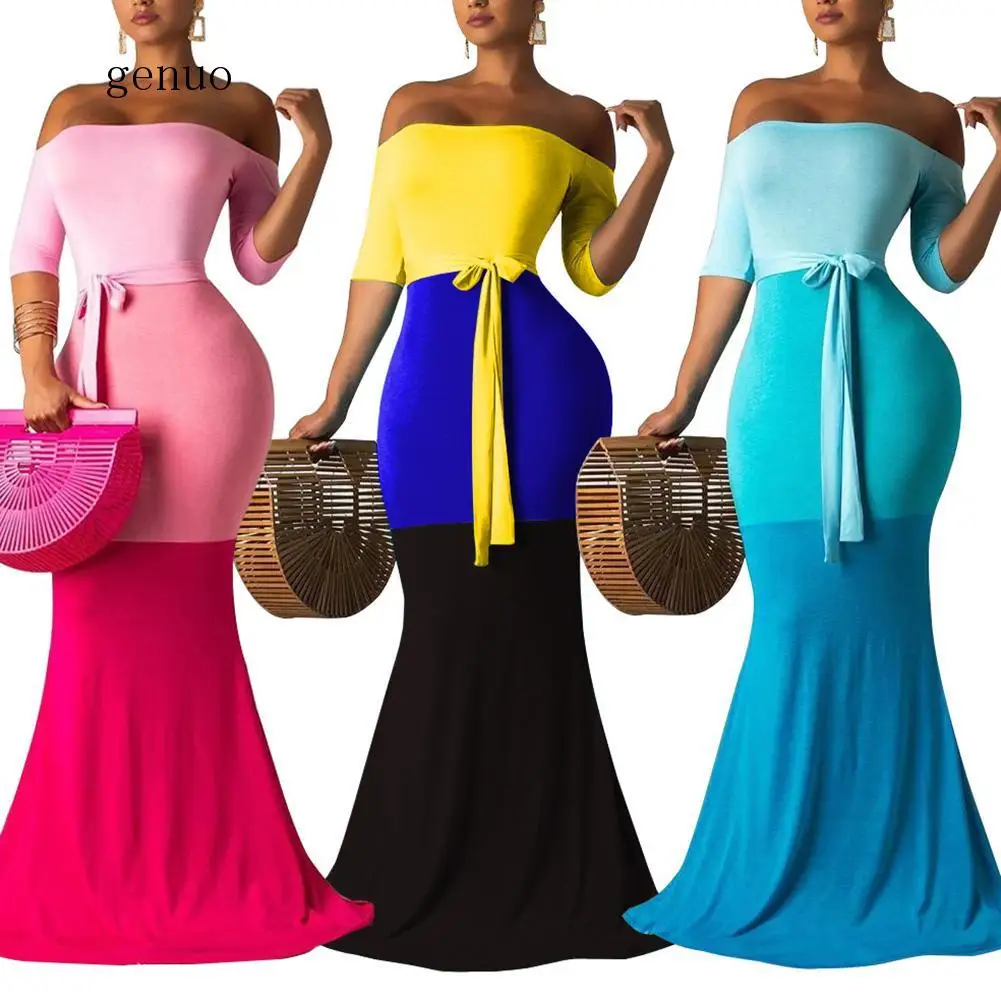 

Sexy Women Off Shoulder Half Sleeve Bandage Gradient Color Bodycon Maxi Dress