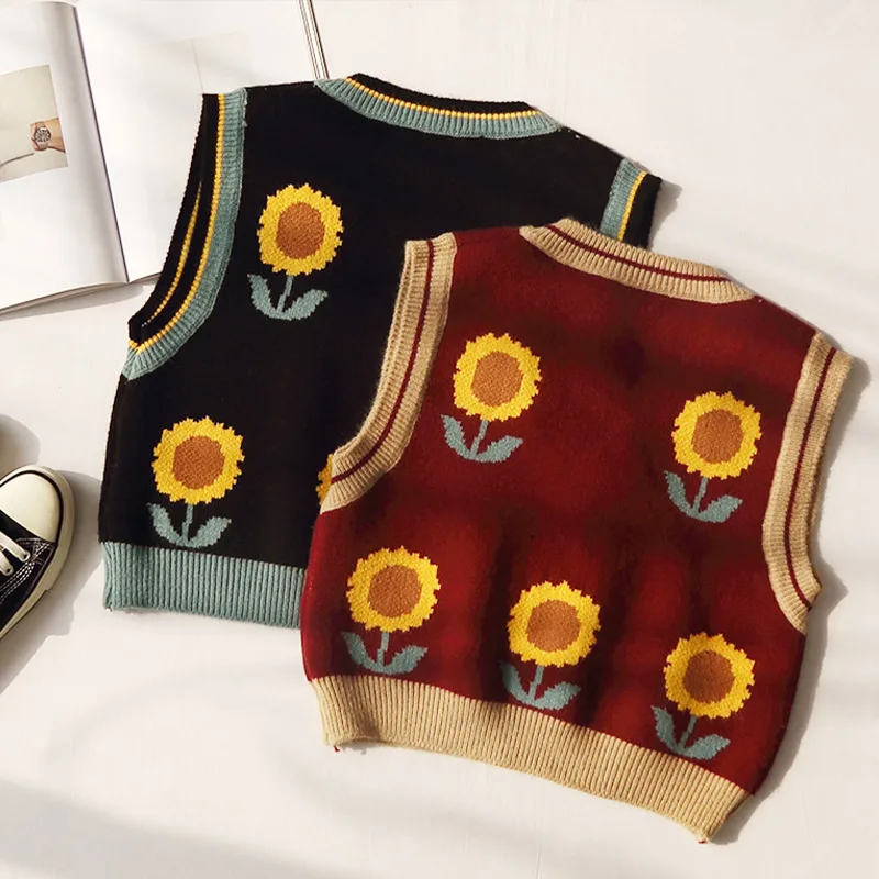 Sunflower Knitted V-neck Floral Tank Vest Sleeveless Top Sweater Waistcoat