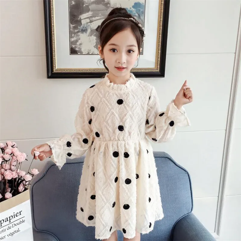 Платье для девочек зимнее детское платье принцессы в горошек с длинными рукавами Вечерние и осенние платья для девочек 3, 4, 5, 6, 7, 8 лет, Vestidos