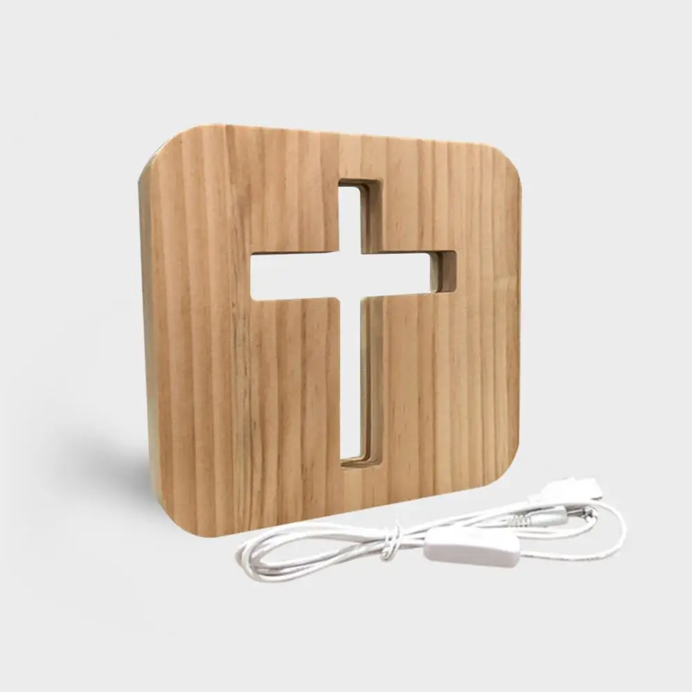 1Pc 3D Wooden Cross USB Night Light LED Table Lamp Novelty Kids Bedroom Coffee Shop Decoration Christian Gift