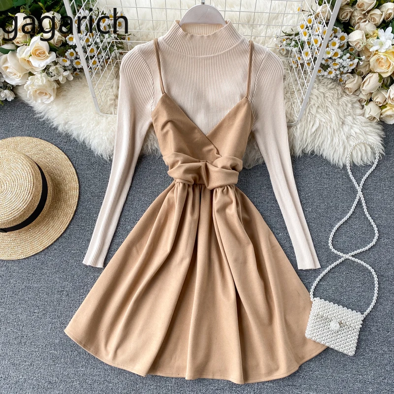 

Gagarich Women Spring 2 Piece Set Ladies Half Turtleneck Knitted Bottom Sweater Elegant Strap Short Vestidos Fashion Suit