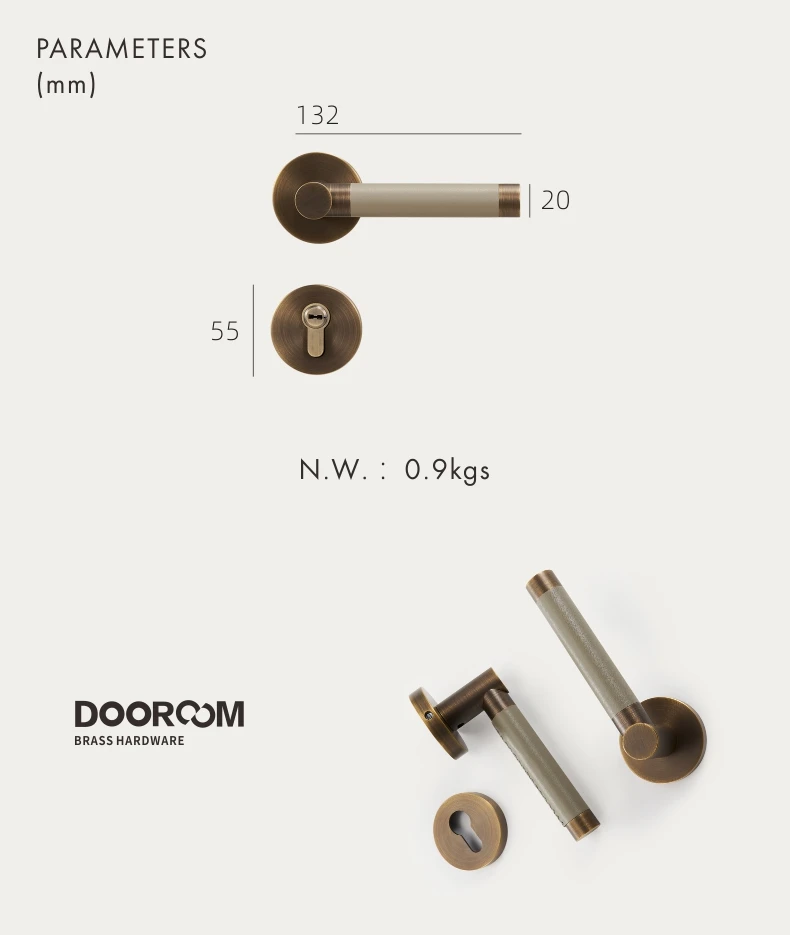 Dooroom Messing Türschloss Set Moderne Austauschbare Leder Innen Schlafzimmer Bad Doppel Dummy Privatsphäre Passage Hebel – Detail 7