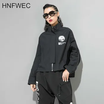 

2019 Zipper Long Sleeve Stand Collar Windbreaker Woman Street Style Tide Brand Personality Printing Loose Coat L066