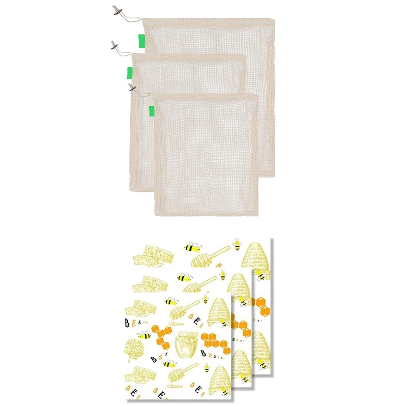 AFBC 6Pcs Beeswax Wrap Reusable Food Wraps and Fruit Bags Wrap for Cheese, Fruit, Vegetable and