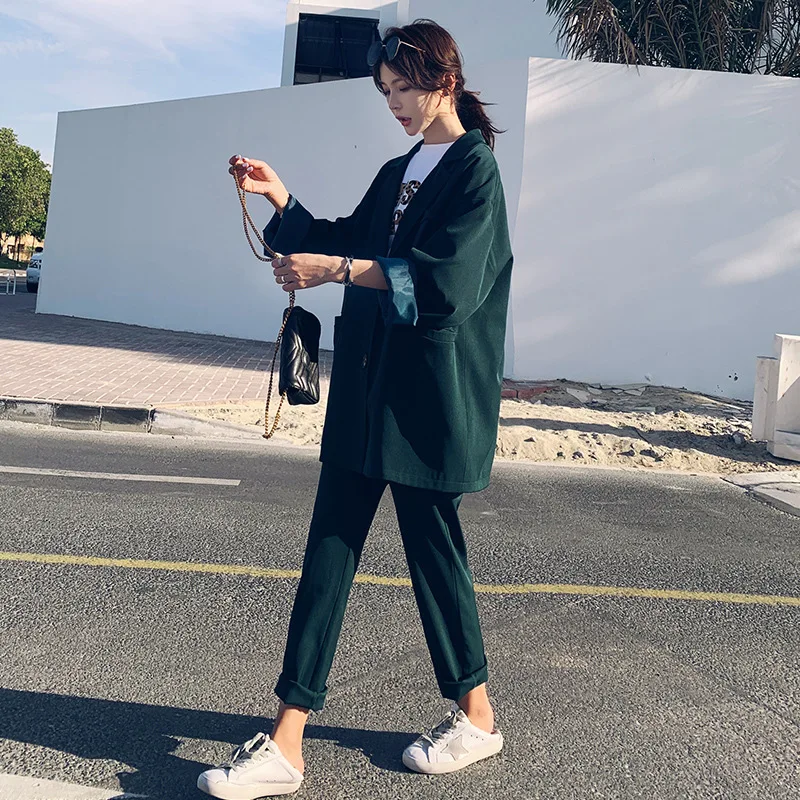 

Set female 2019 fashion new women's suit Korean version of the large size loose suit jacket nine points wide leg pants two-piece
