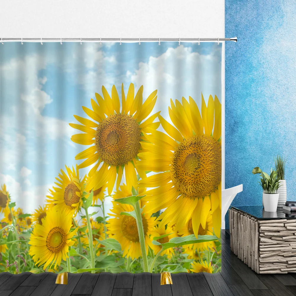 

Flowers Shower Curtains Summer Yellow Sunflower Green Plants 3D Print Bathroom Home Decor Waterproof Polyester Cloth Curtain