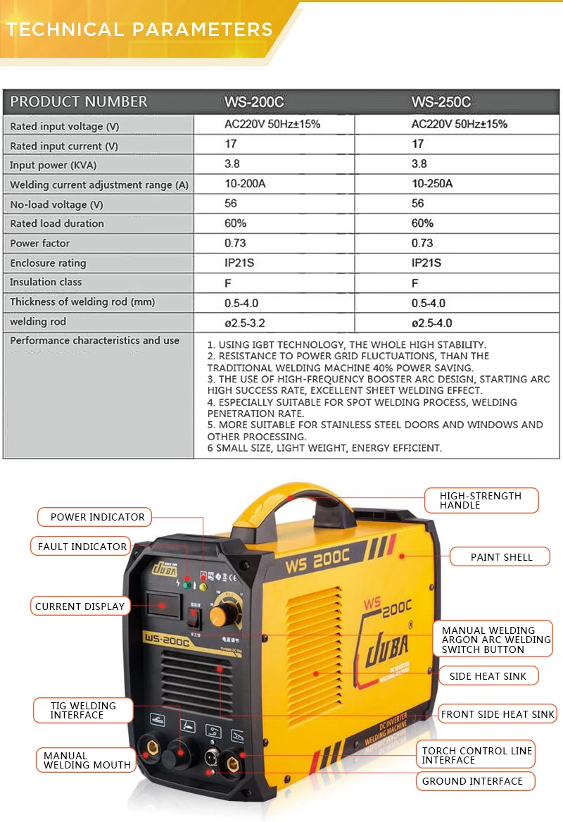 JUBA WS 250 инвертор сварочный аппарат TIG/MMA Сварка Аргон дуговой сварочный аппарат