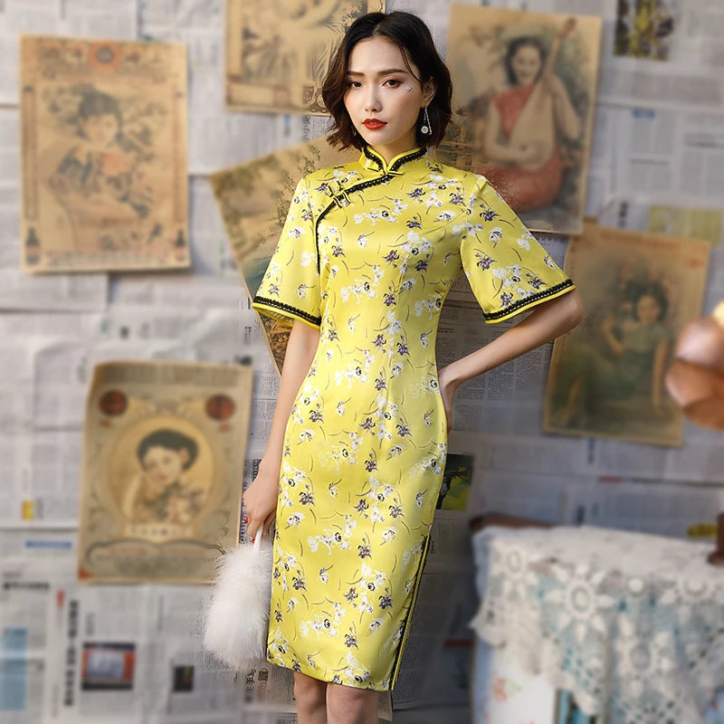 Sheng Coco женские желтые шелковые платья Чонсам Qipao Nigth вечерние кружевные с коротким