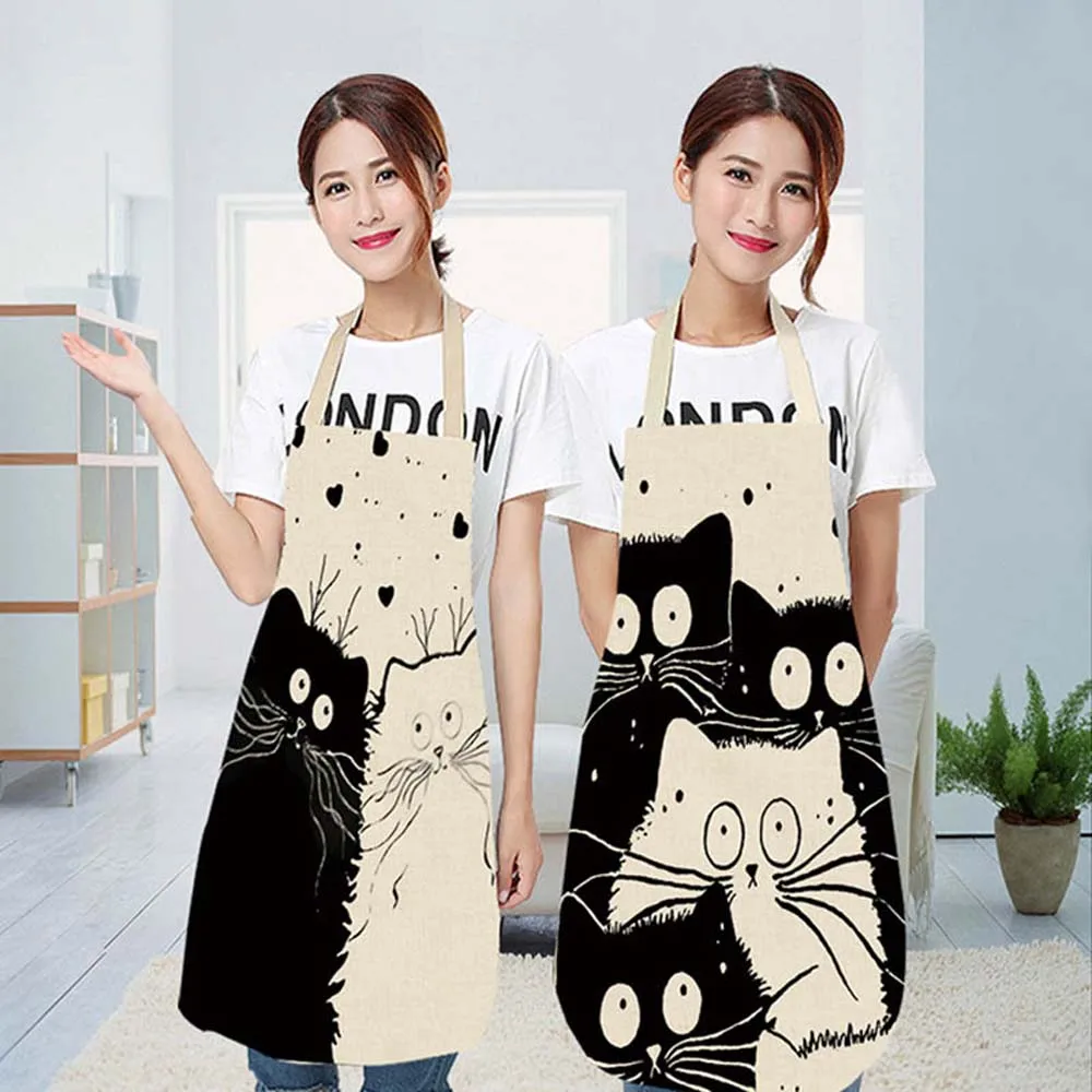 Kitchen Apron Cute Cartoon Cat Printed Sleeveless Cotton Linen Aprons for Men Women Home Cleaning Tools