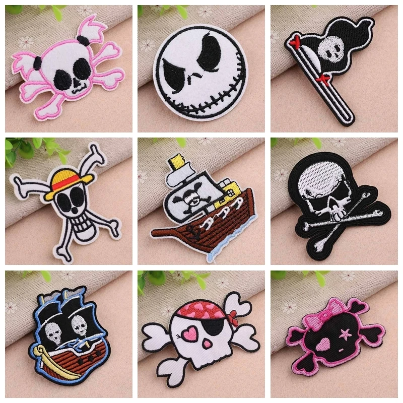 

Pack a set Skull Punk Patches for Clothing Embroidery Stripe Badges Sewing Diy Decoration Clothes Ironing Patches Appliques
