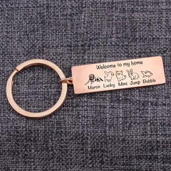 

Pets Style Custom Keychain With Name Hand Stamped Welcome Our Family Rectangle Tag Keyrings Bag Charm Pendants Animals Family