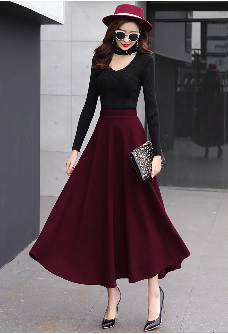 High Waist Woolen Skirts Womens Winter Streewear Wool Long Pleated Skirt With Belt Ladies Saia Longa Black DF915