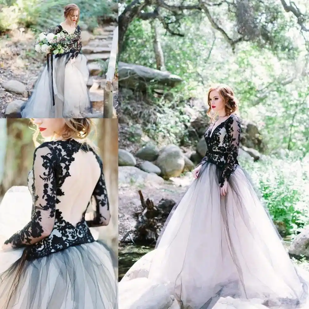 Vestidos De Boda Goticos Blanco Y Negro 2020 Vintage Encaje Manga Larga Sin Espalda Bohoemian Pais Novia Vestido De Novia De Talla Grande Aliexpress